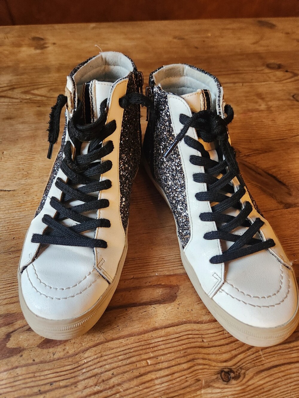 White and Black Glitter High-Top Star Sneakers Size 6.5